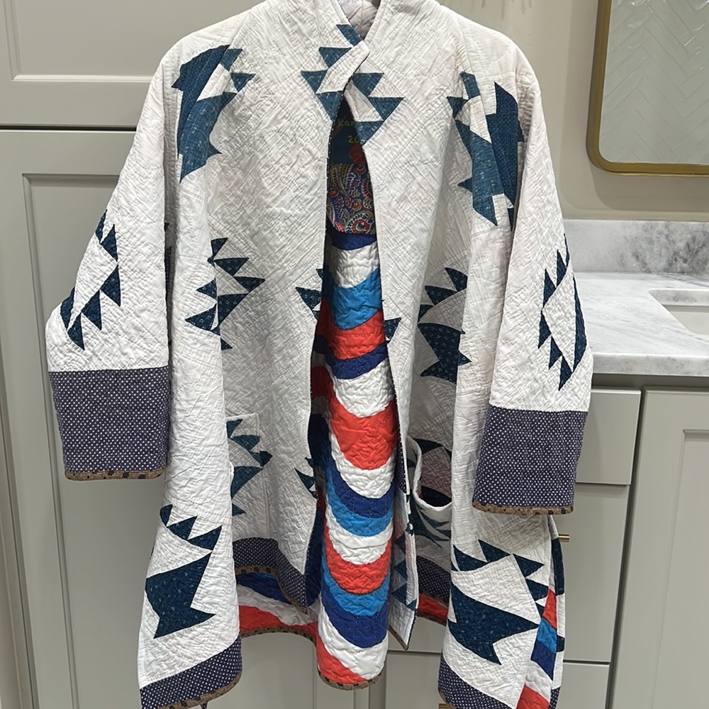 Women's Quilted Cotton Patchwork Coat - White & Blue